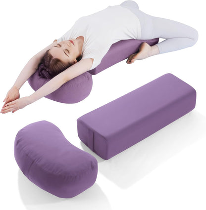 2-Piece Yoga Bolster Pillow, Rectangular & Crescent Meditation Cushions with Removable Cover for Restorative Yoga, Meditation Accessories for Sitting on Floor