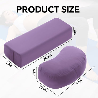 2-Piece Yoga Bolster Pillow, Rectangular & Crescent Meditation Cushions with Removable Cover for Restorative Yoga, Meditation Accessories for Sitting on Floor