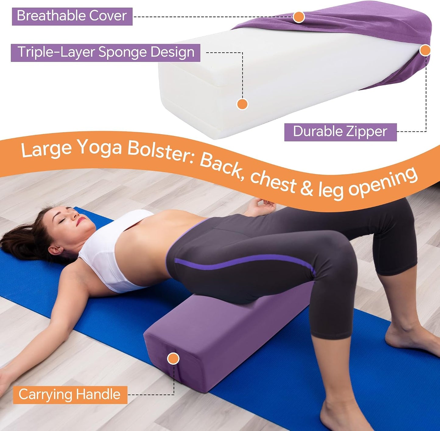 2-Piece Yoga Bolster Pillow, Rectangular & Crescent Meditation Cushions with Removable Cover for Restorative Yoga, Meditation Accessories for Sitting on Floor