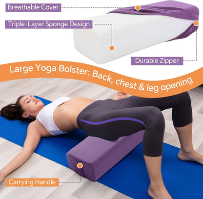 2-Piece Yoga Bolster Pillow, Rectangular & Crescent Meditation Cushions with Removable Cover for Restorative Yoga, Meditation Accessories for Sitting on Floor