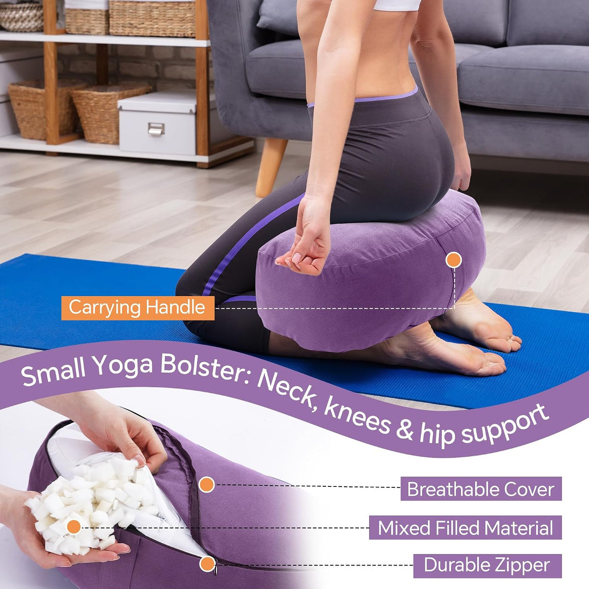 2-Piece Yoga Bolster Pillow, Rectangular & Crescent Meditation Cushions with Removable Cover for Restorative Yoga, Meditation Accessories for Sitting on Floor