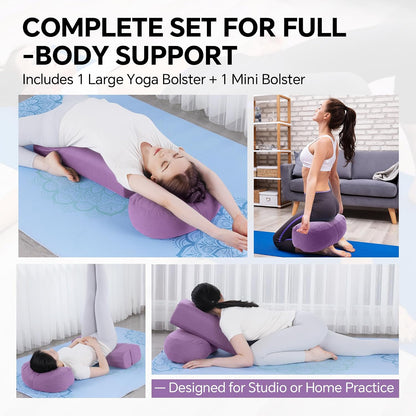 2-Piece Yoga Bolster Pillow, Rectangular & Crescent Meditation Cushions with Removable Cover for Restorative Yoga, Meditation Accessories for Sitting on Floor