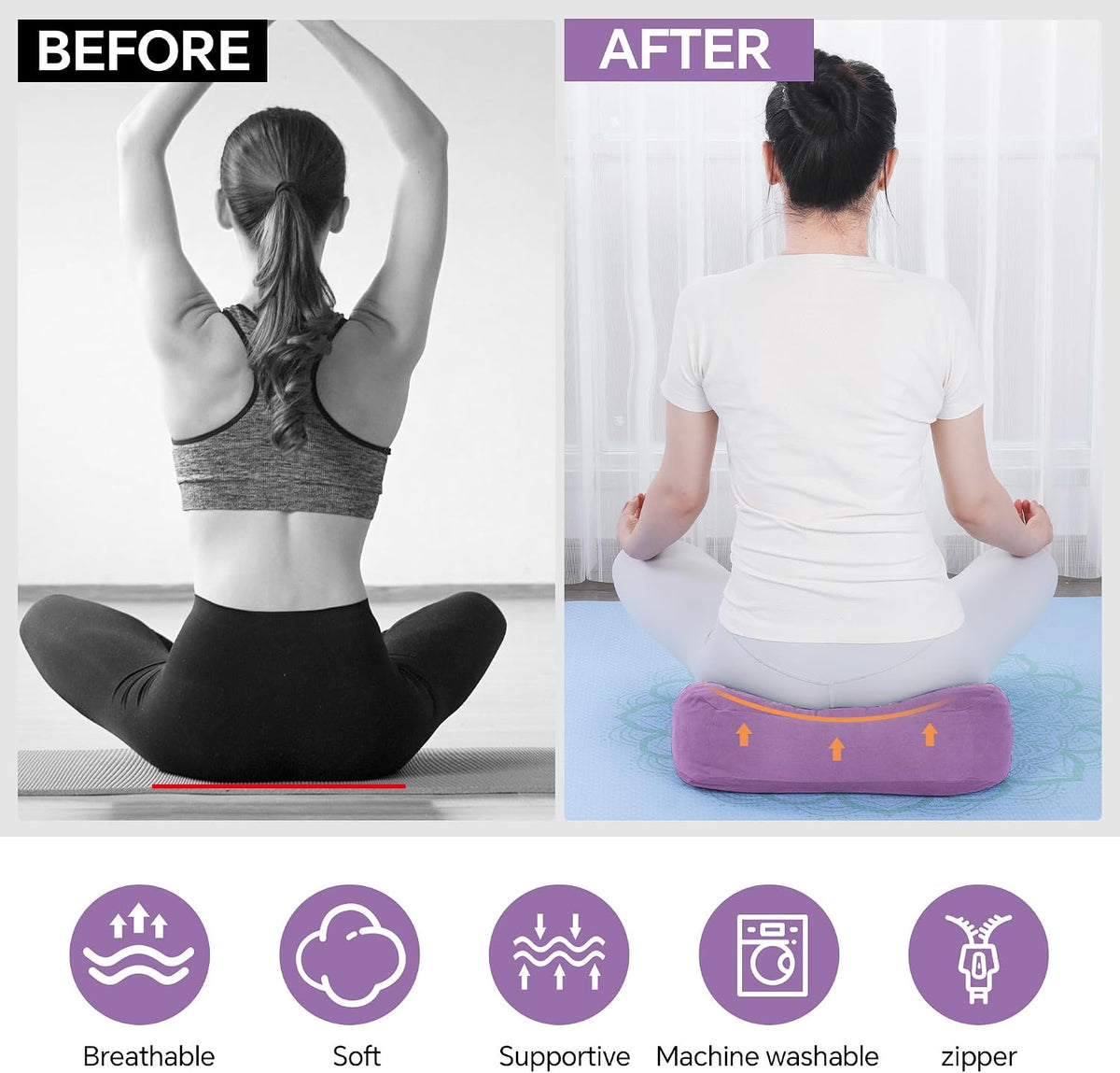 2-Piece Yoga Bolster Pillow, Rectangular & Crescent Meditation Cushions with Removable Cover for Restorative Yoga, Meditation Accessories for Sitting on Floor