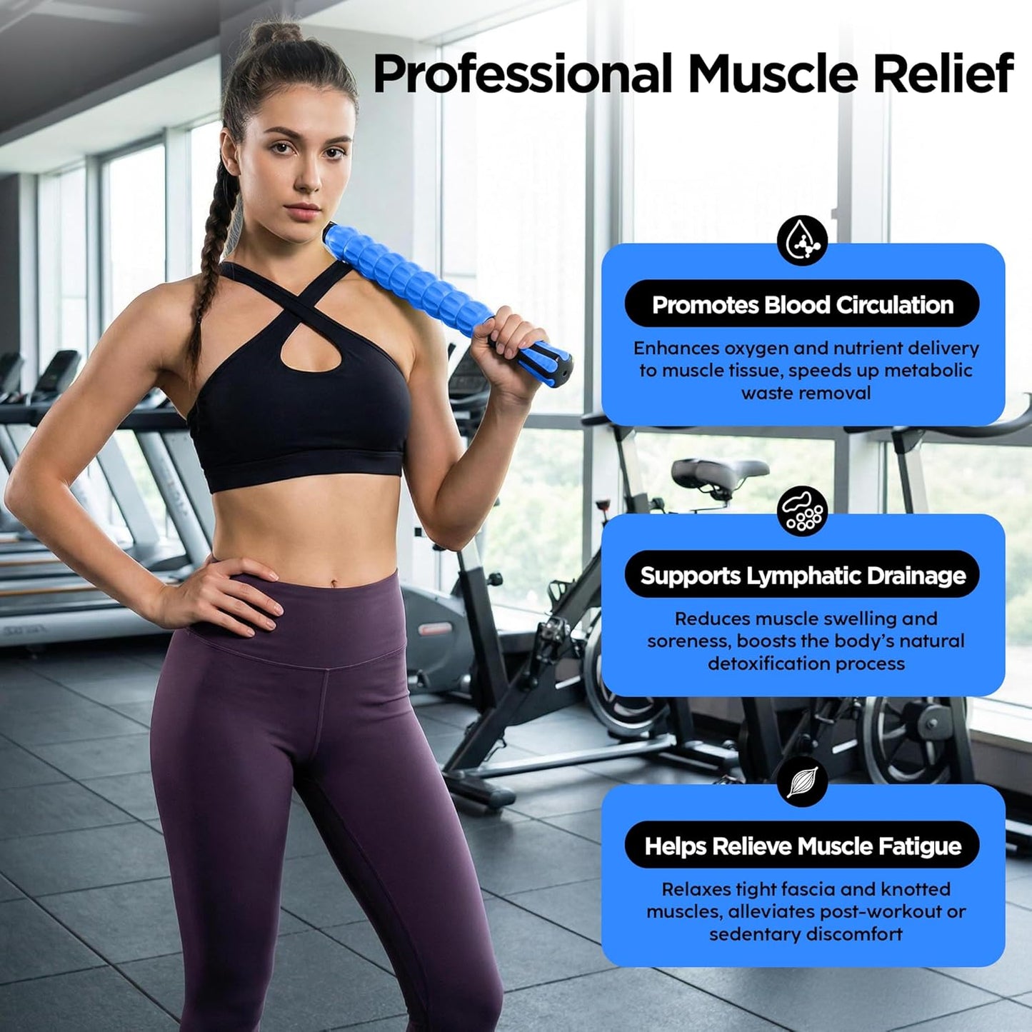 Muscle Roller Massage Roller Stick- Deep Tissue Fascia Blaster for Myofascial Pain Relief, Lymphatic Drainage & Body Sculpting, Handheld Physical Therapy & Recovery Tool (Purple Black-18 inch)
