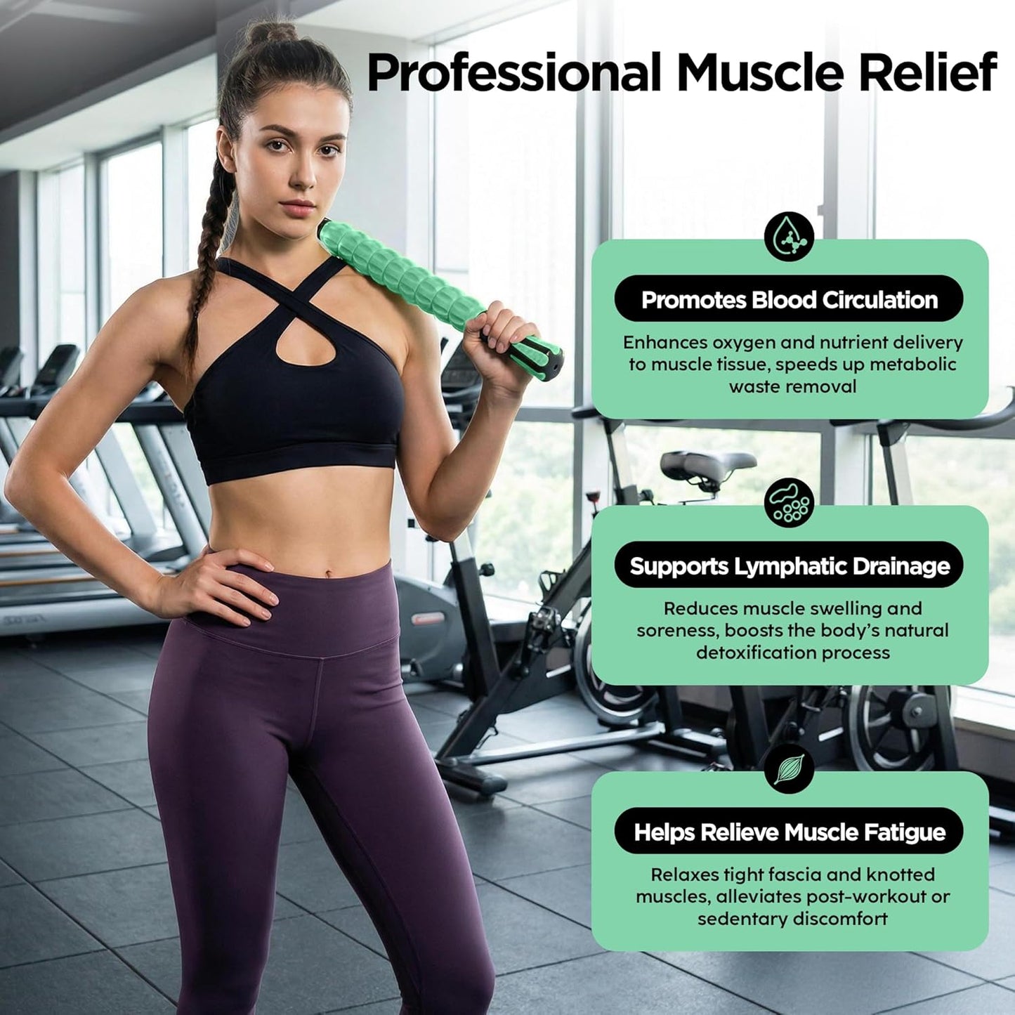 Muscle Roller Massage Roller Stick- Deep Tissue Fascia Blaster for Myofascial Pain Relief, Lymphatic Drainage & Body Sculpting, Handheld Physical Therapy & Recovery Tool (Purple Black-18 inch)
