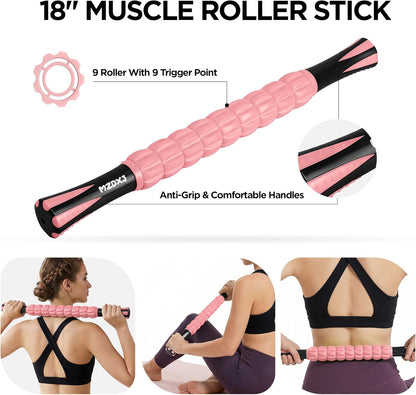 Muscle Roller Massage Roller Stick- Deep Tissue Fascia Blaster for Myofascial Pain Relief, Lymphatic Drainage & Body Sculpting, Handheld Physical Therapy & Recovery Tool (Purple Black-18 inch)