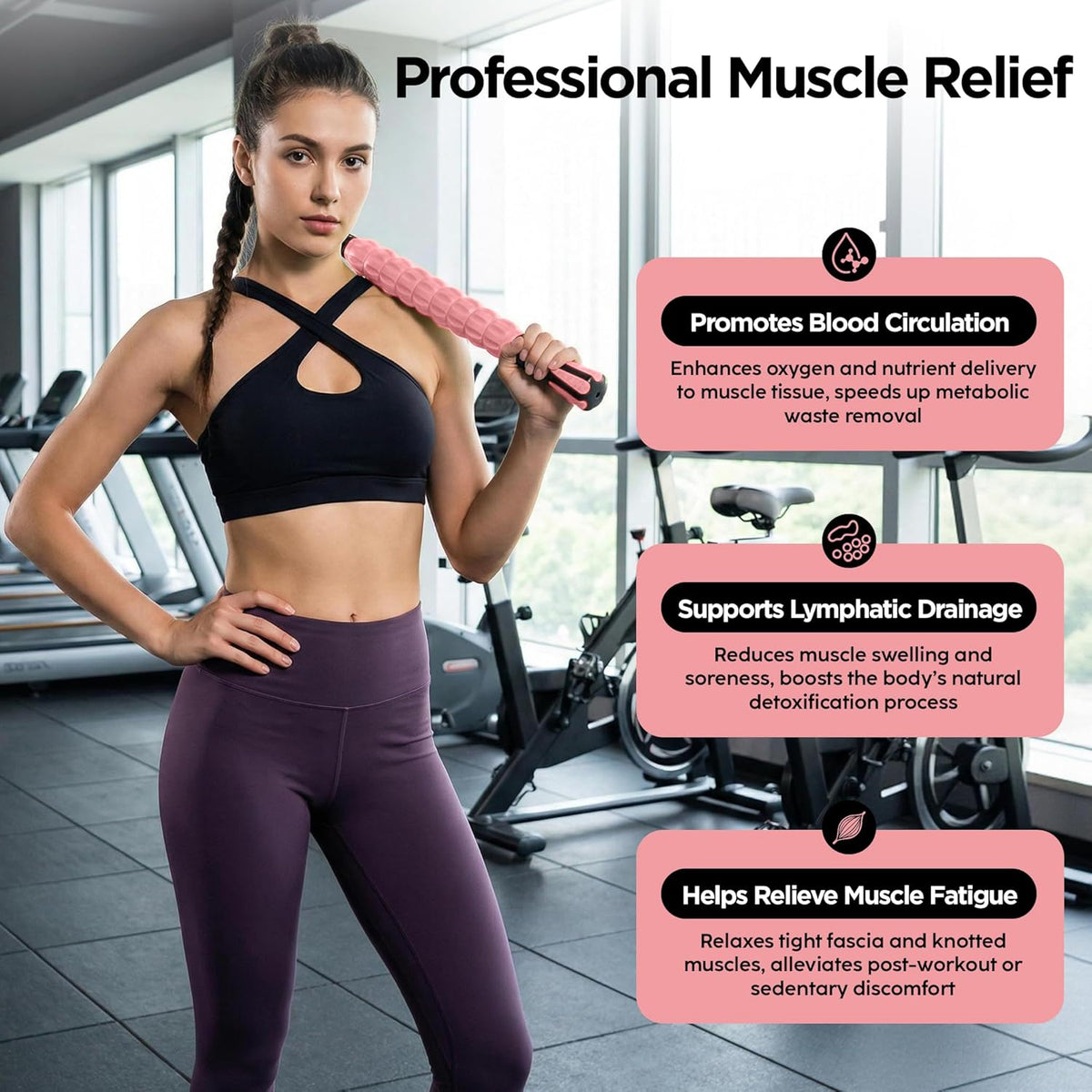 Muscle Roller Massage Roller Stick- Deep Tissue Fascia Blaster for Myofascial Pain Relief, Lymphatic Drainage & Body Sculpting, Handheld Physical Therapy & Recovery Tool (Purple Black-18 inch)