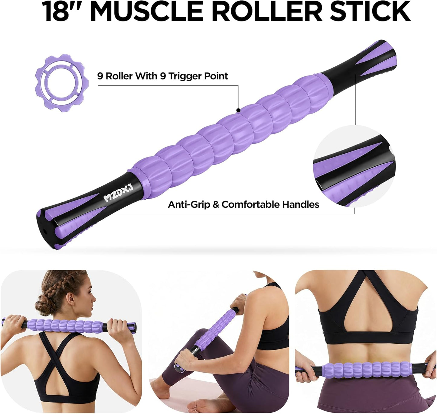 Muscle Roller Massage Roller Stick- Deep Tissue Fascia Blaster for Myofascial Pain Relief, Lymphatic Drainage & Body Sculpting, Handheld Physical Therapy & Recovery Tool (Purple Black-18 inch)