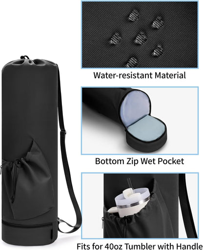 Yoga Mat Bag with Water Bottle Pocket & Wet Pocket for Women | Yoga mat carrier fits 1/8"-3/8" yoga mats, quick-access multi-pocket organization, lightweight for gym, Pilates & studio