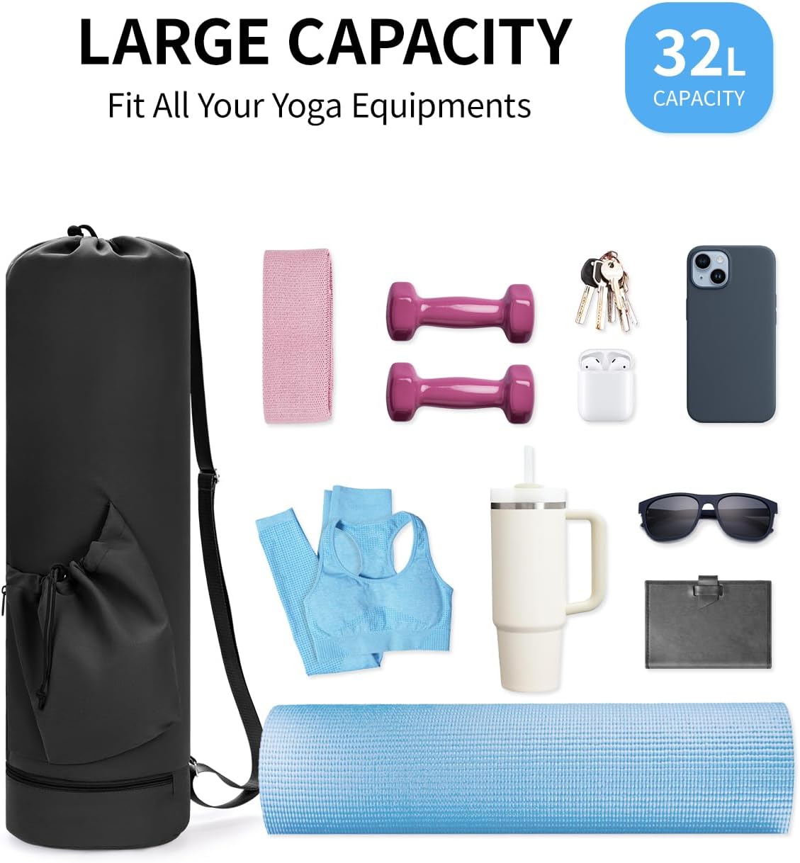 Yoga Mat Bag with Water Bottle Pocket & Wet Pocket for Women | Yoga mat carrier fits 1/8"-3/8" yoga mats, quick-access multi-pocket organization, lightweight for gym, Pilates & studio