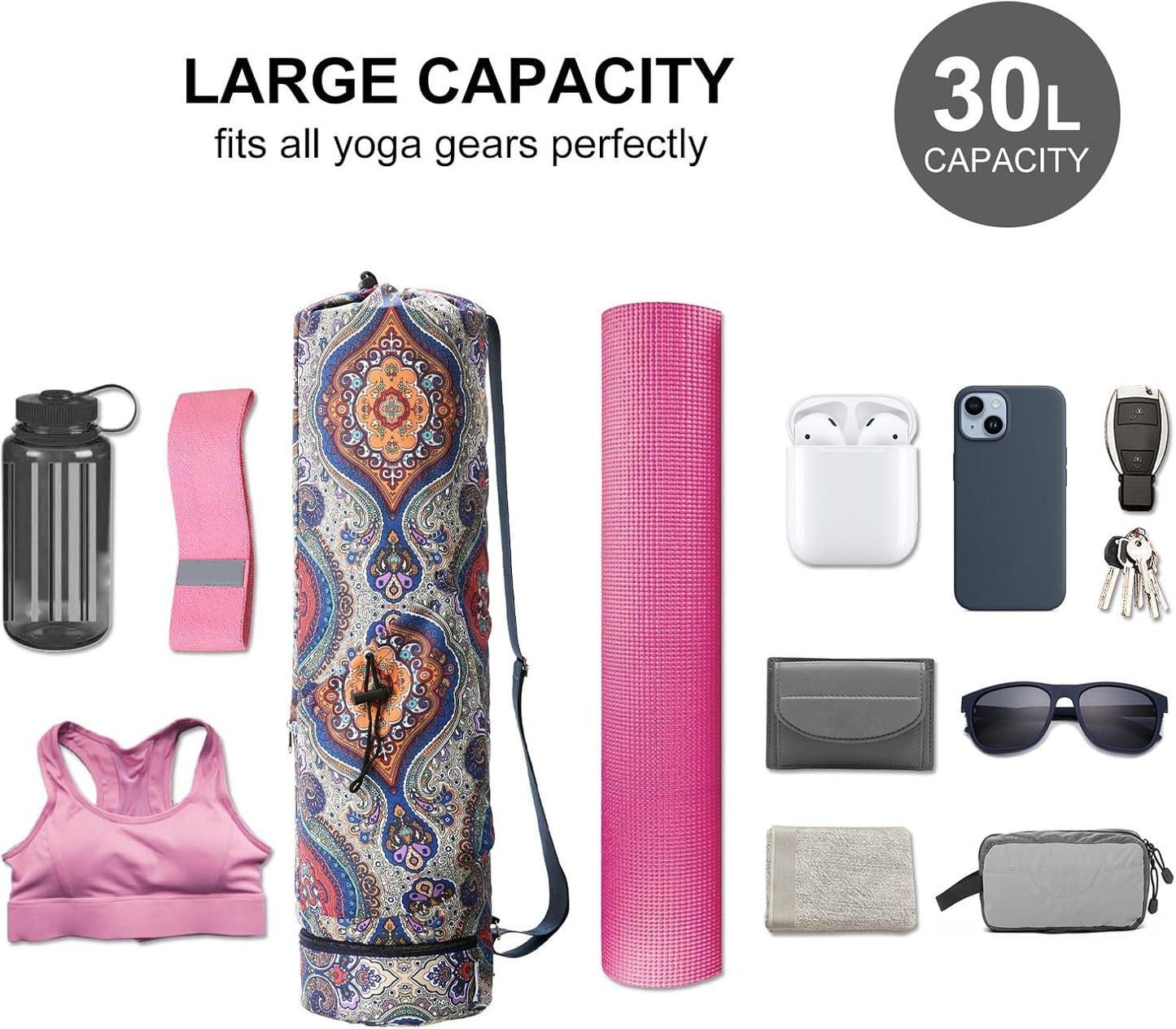 Yoga Mat Bag with Water Bottle Pocket & Wet Pocket for Women | Yoga mat carrier fits 1/8"-3/8" yoga mats, quick-access multi-pocket organization, lightweight for gym, Pilates & studio