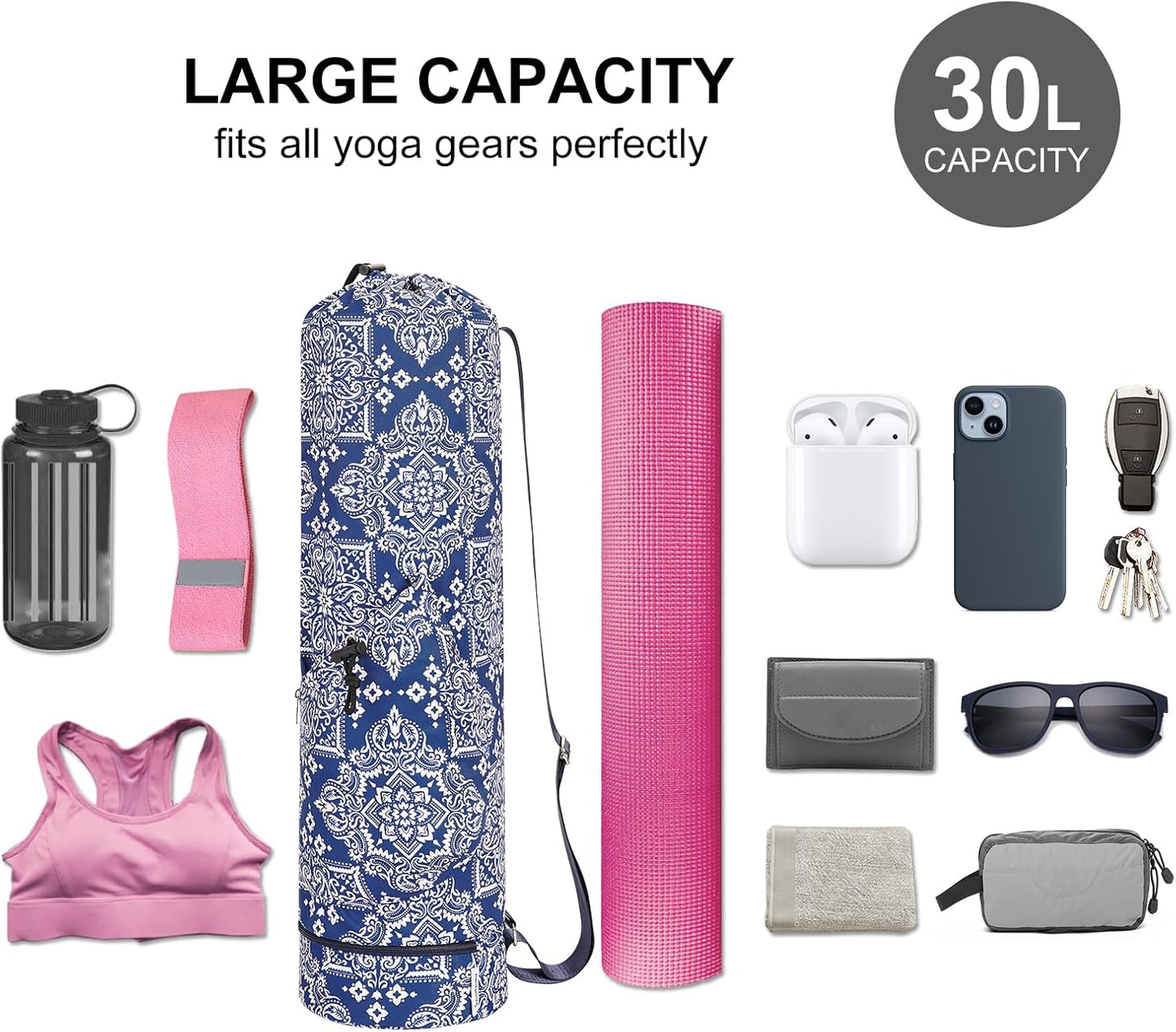 Yoga Mat Bag with Water Bottle Pocket & Wet Pocket for Women | Yoga mat carrier fits 1/8"-3/8" yoga mats, quick-access multi-pocket organization, lightweight for gym, Pilates & studio