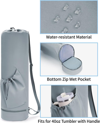 Yoga Mat Bag with Water Bottle Pocket & Wet Pocket for Women | Yoga mat carrier fits 1/8"-3/8" yoga mats, quick-access multi-pocket organization, lightweight for gym, Pilates & studio