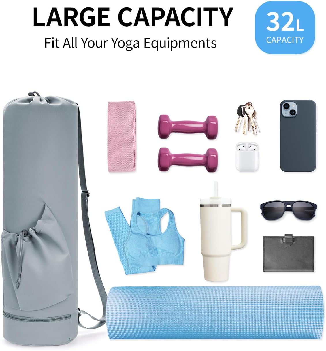 Yoga Mat Bag with Water Bottle Pocket & Wet Pocket for Women | Yoga mat carrier fits 1/8"-3/8" yoga mats, quick-access multi-pocket organization, lightweight for gym, Pilates & studio