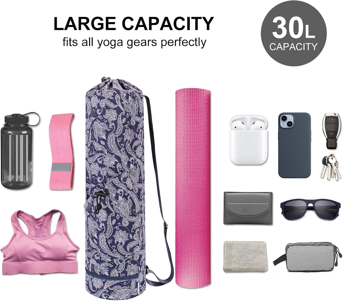 Yoga Mat Bag with Water Bottle Pocket & Wet Pocket for Women | Yoga mat carrier fits 1/8"-3/8" yoga mats, quick-access multi-pocket organization, lightweight for gym, Pilates & studio