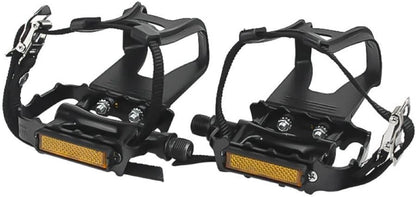 Bike Pedals with Clips and Straps for Outdoor Cycling and Indoor Stationary Bike 9/16-Inch Spindle Resin/Alloy Bicycle Pedals
