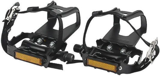 Bike Pedals with Clips and Straps for Outdoor Cycling and Indoor Stationary Bike 9/16-Inch Spindle Resin/Alloy Bicycle Pedals