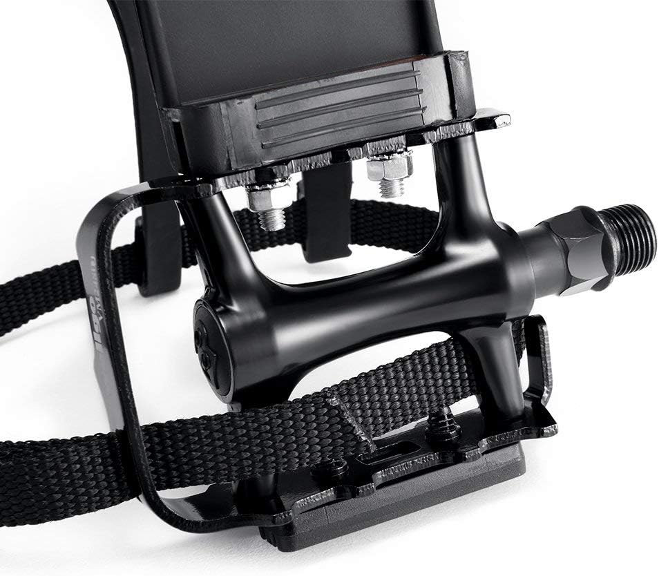 Bike Pedals with Clips and Straps for Outdoor Cycling and Indoor Stationary Bike 9/16-Inch Spindle Resin/Alloy Bicycle Pedals