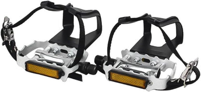 Bike Pedals with Clips and Straps for Outdoor Cycling and Indoor Stationary Bike 9/16-Inch Spindle Resin/Alloy Bicycle Pedals