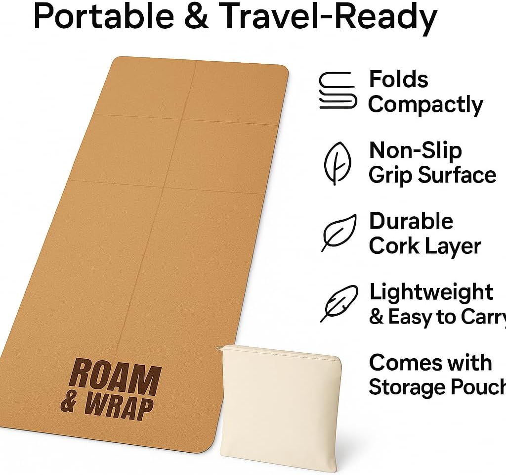 TRUE FOLDING Cork Yoga Mat 5mm Thick - Not Rolled, Fits in Backpack & Carry-On - Non-Slip Portable Mat for Travel, Pilates & Gym