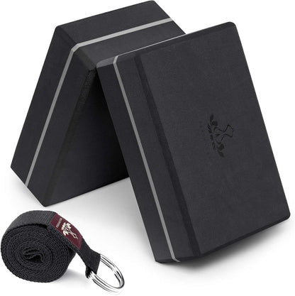 Yoga Blocks 2 Pack with Strap, High Density EVA Foam Yoga Block and Yoga Strap Set to Support and Improve Poses and Flexibility