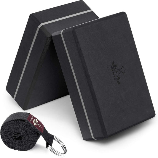 Yoga Blocks 2 Pack with Strap, High Density EVA Foam Yoga Block and Yoga Strap Set to Support and Improve Poses and Flexibility