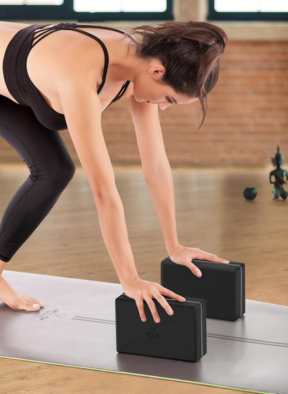 Yoga Blocks 2 Pack with Strap, High Density EVA Foam Yoga Block and Yoga Strap Set to Support and Improve Poses and Flexibility