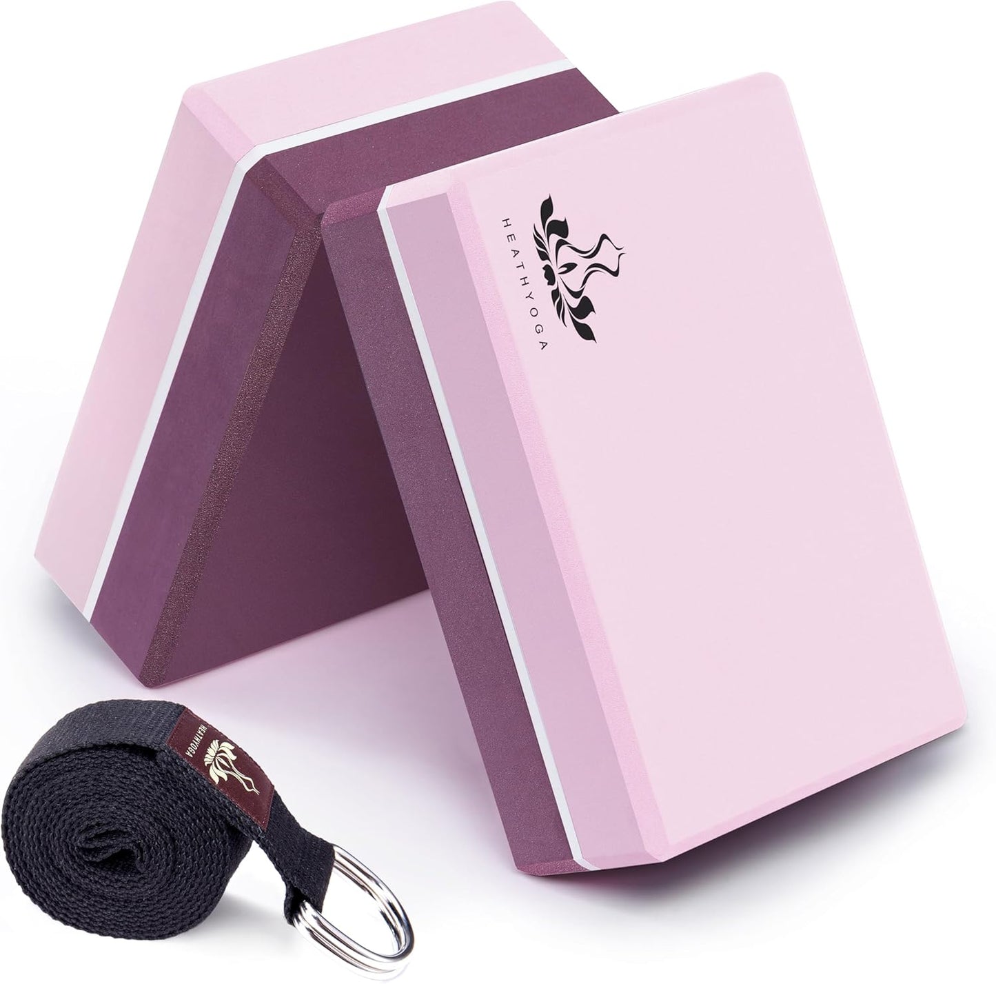 Yoga Blocks 2 Pack with Strap, High Density EVA Foam Yoga Block and Yoga Strap Set to Support and Improve Poses and Flexibility