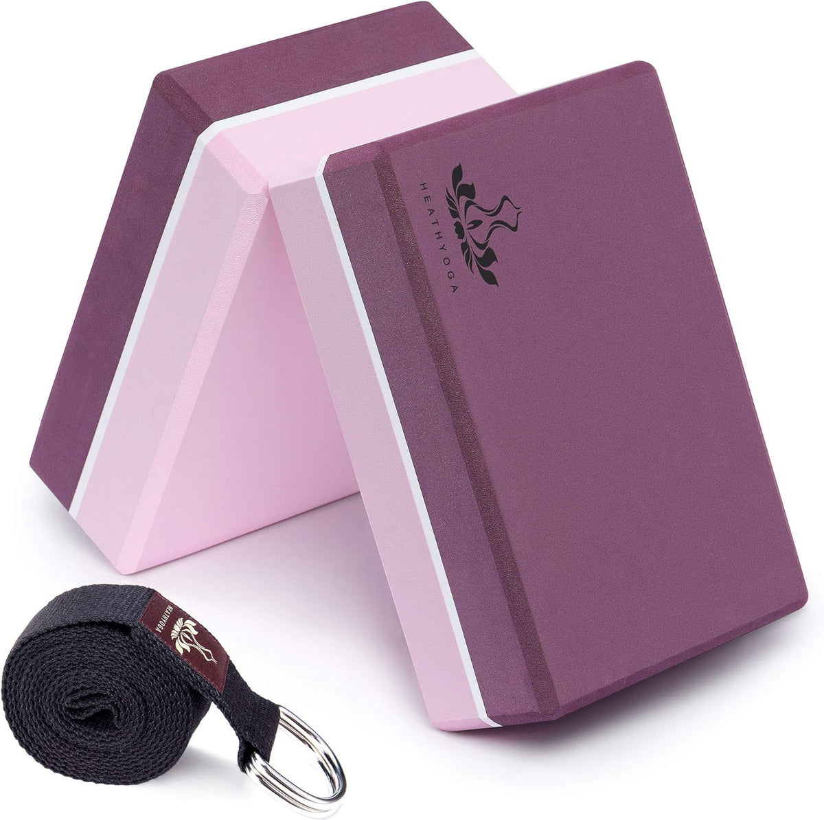Yoga Blocks 2 Pack with Strap, High Density EVA Foam Yoga Block and Yoga Strap Set to Support and Improve Poses and Flexibility