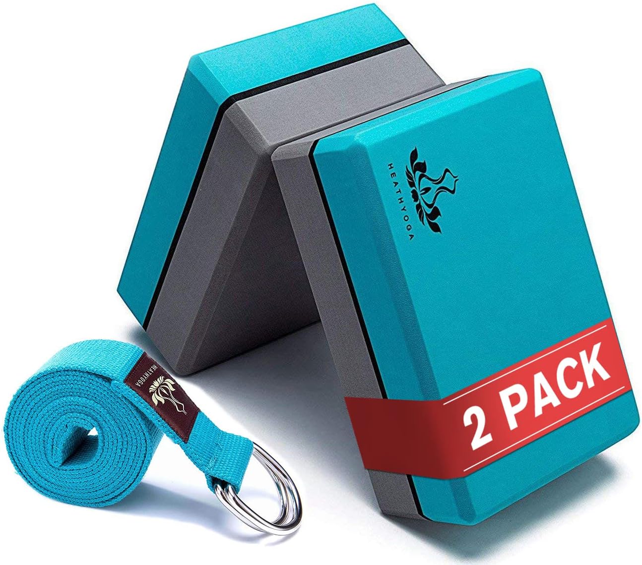 Yoga Blocks 2 Pack with Strap, High Density EVA Foam Yoga Block and Yoga Strap Set to Support and Improve Poses and Flexibility