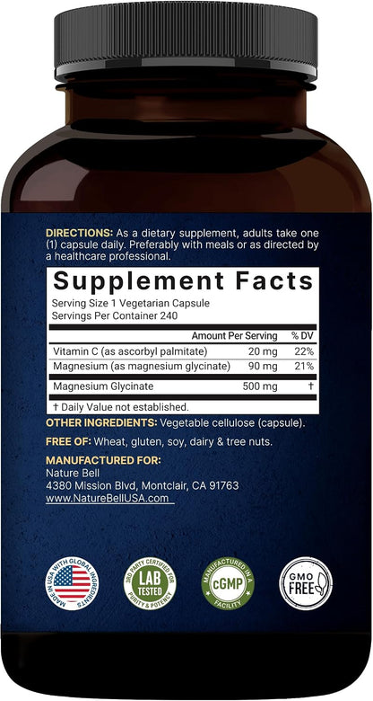 NatureBell Pure Magnesium Glycinate 500mg Per Serving, 240 Veggie Capsules