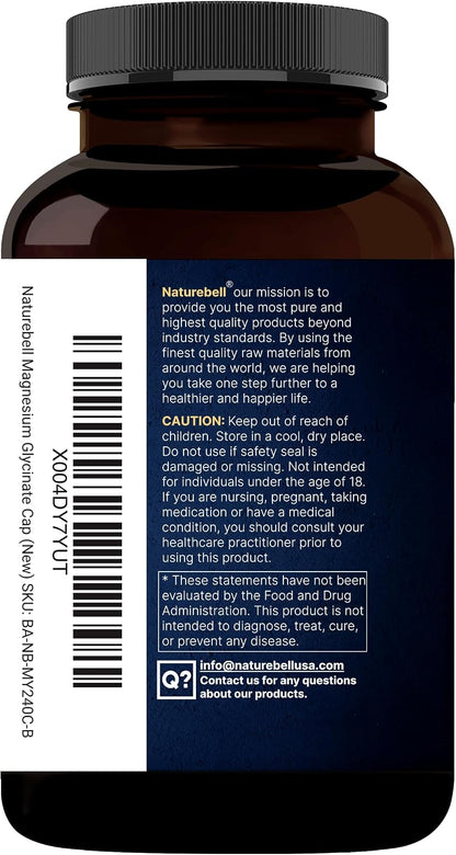 NatureBell Pure Magnesium Glycinate 500mg Per Serving, 240 Veggie Capsules