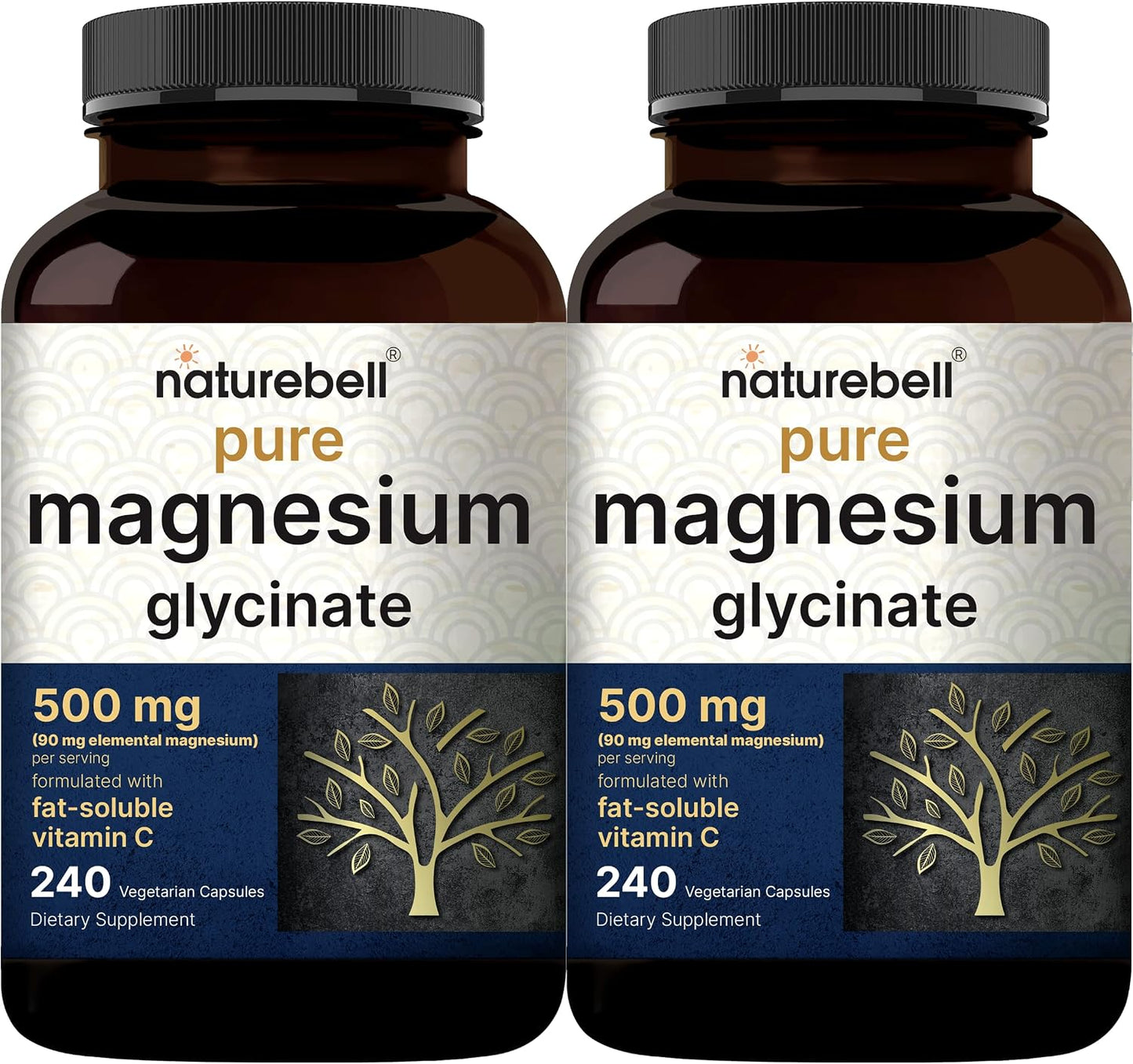 NatureBell Pure Magnesium Glycinate 500mg Per Serving, 240 Veggie Capsules