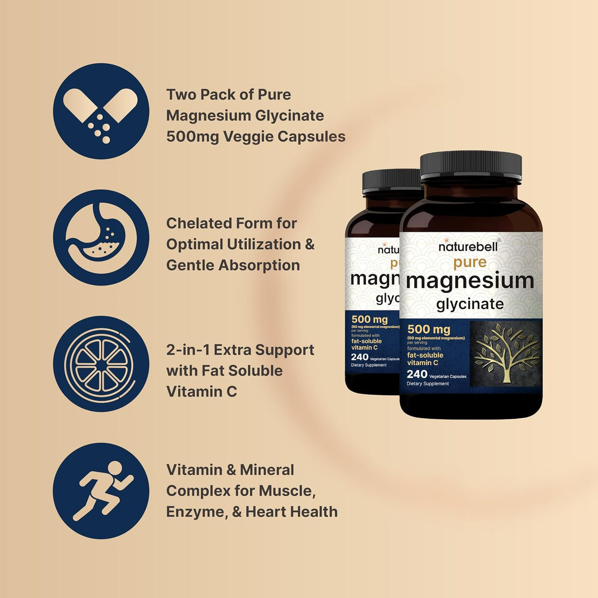 NatureBell Pure Magnesium Glycinate 500mg Per Serving, 240 Veggie Capsules