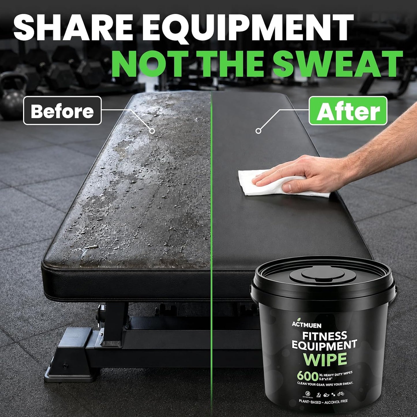 Gym Equipment Wipes, 600 Count Yoga Mat Cleaner Wipes | Green Tea & Aloe Formula • Alcohol Free • Large Wipes • Fresh Scent • Home & Commercial Use