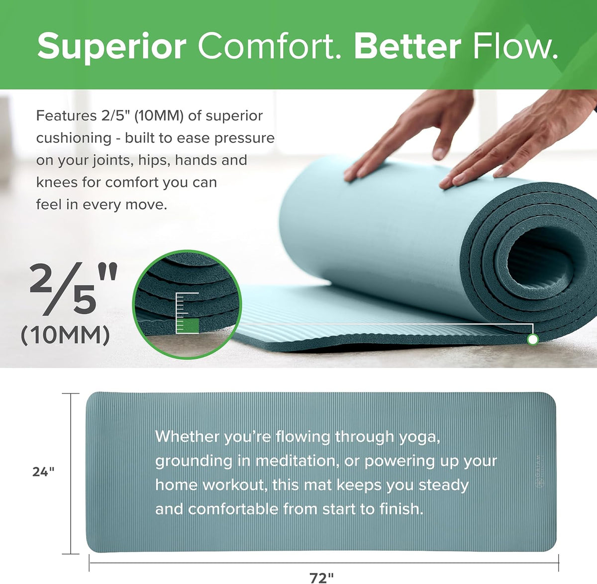 Thick Yoga Mat, Exercise & Fitness Mat with Easy-Cinch Carrying Strap | Non-Slip NBR Foam | Joint Cushioning | Yoga, Pilates, Fitness & Floor Workouts | 72"L x 24"W