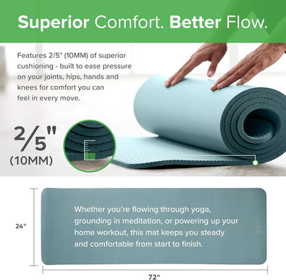 Thick Yoga Mat, Exercise & Fitness Mat with Easy-Cinch Carrying Strap | Non-Slip NBR Foam | Joint Cushioning | Yoga, Pilates, Fitness & Floor Workouts | 72"L x 24"W