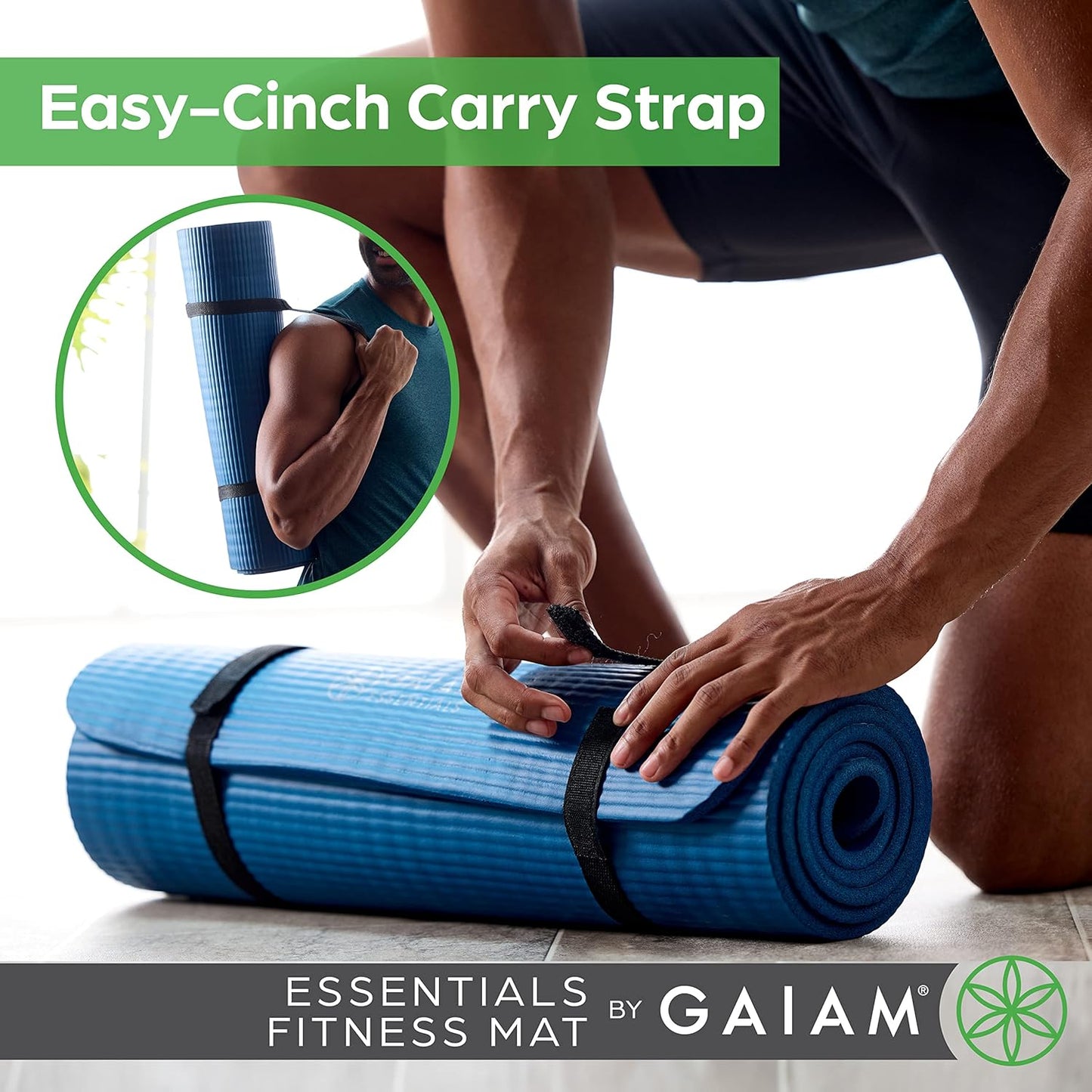 Thick Yoga Mat, Exercise & Fitness Mat with Easy-Cinch Carrying Strap | Non-Slip NBR Foam | Joint Cushioning | Yoga, Pilates, Fitness & Floor Workouts | 72"L x 24"W