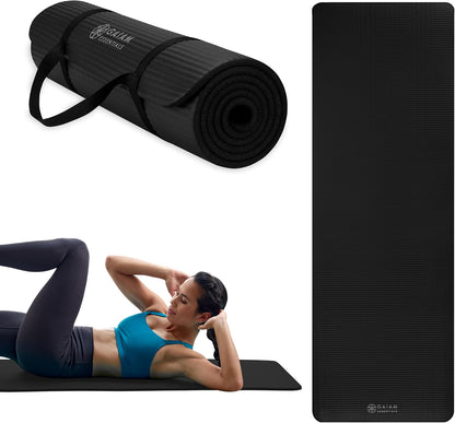 Thick Yoga Mat, Exercise & Fitness Mat with Easy-Cinch Carrying Strap | Non-Slip NBR Foam | Joint Cushioning | Yoga, Pilates, Fitness & Floor Workouts | 72"L x 24"W