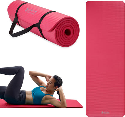 Thick Yoga Mat, Exercise & Fitness Mat with Easy-Cinch Carrying Strap | Non-Slip NBR Foam | Joint Cushioning | Yoga, Pilates, Fitness & Floor Workouts | 72"L x 24"W