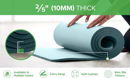 Thick Yoga Mat, Exercise & Fitness Mat with Easy-Cinch Carrying Strap | Non-Slip NBR Foam | Joint Cushioning | Yoga, Pilates, Fitness & Floor Workouts | 72"L x 24"W