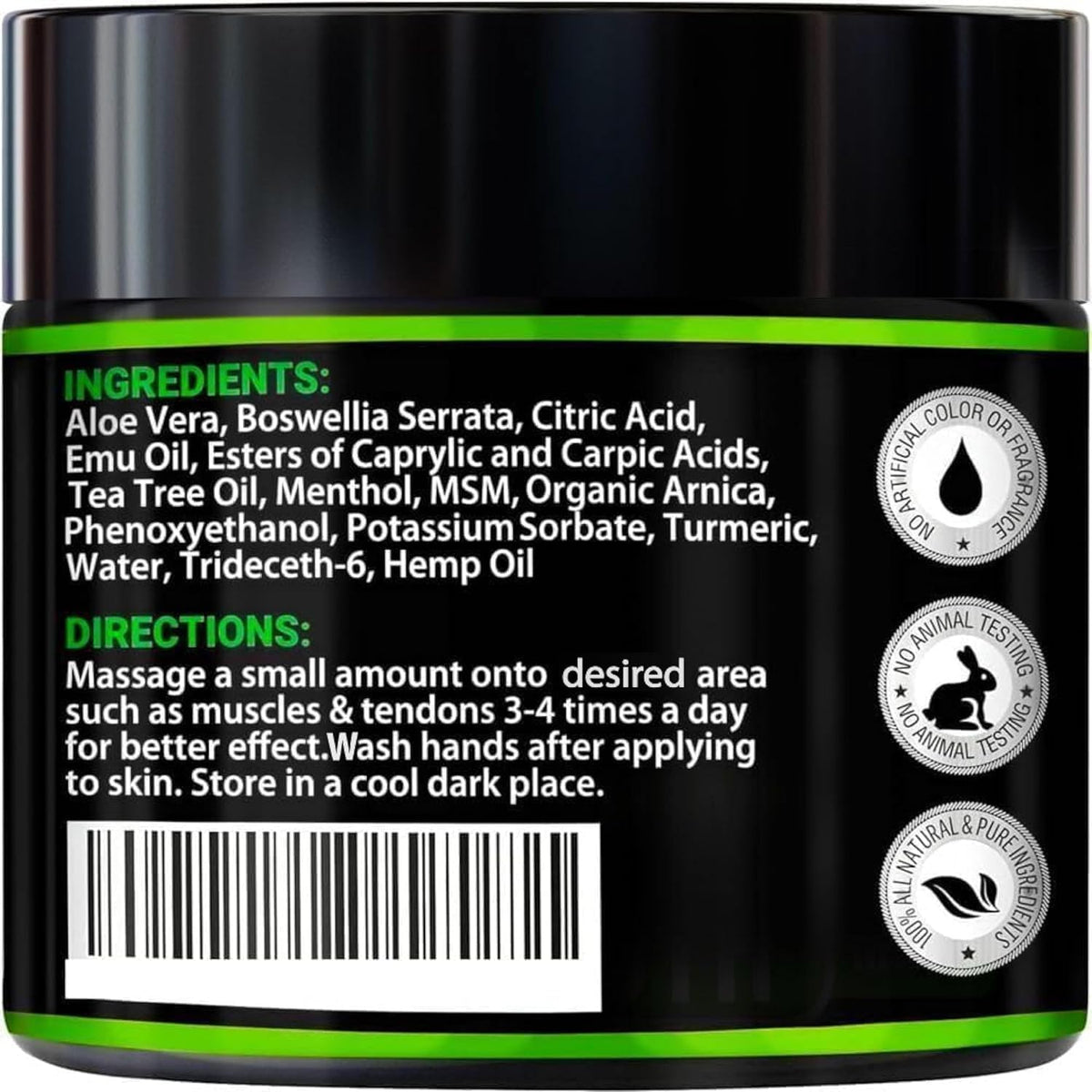 Hemp Cream Maximum Strength with Glucosamine, Arnica, Turmeric - Non-Greasy