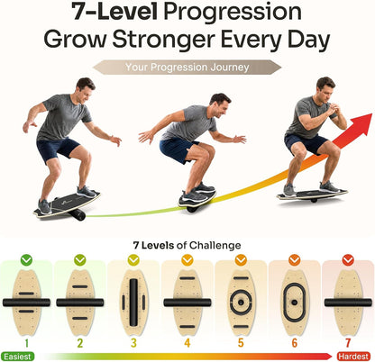 Balance Board - 7 Modes Wobble Board with Adjustable Stoppers - Exercise Balancing Stability Trainer for Improve Balance, Surf Trainer & Physical Therapy - Roller and 2.8'' Ball Included