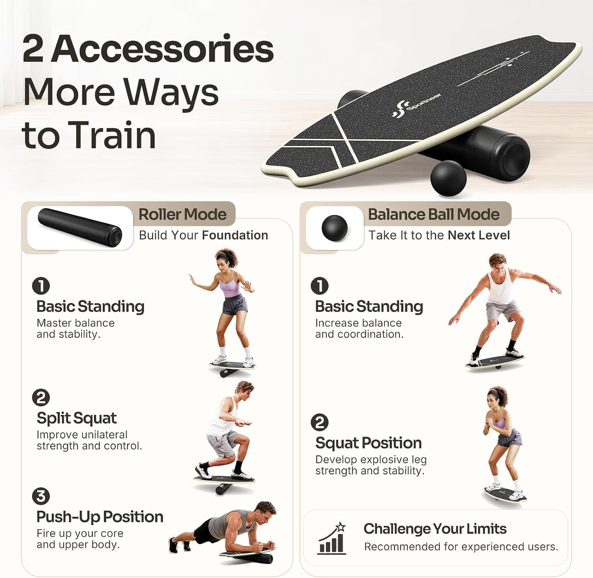 Balance Board - 7 Modes Wobble Board with Adjustable Stoppers - Exercise Balancing Stability Trainer for Improve Balance, Surf Trainer & Physical Therapy - Roller and 2.8'' Ball Included
