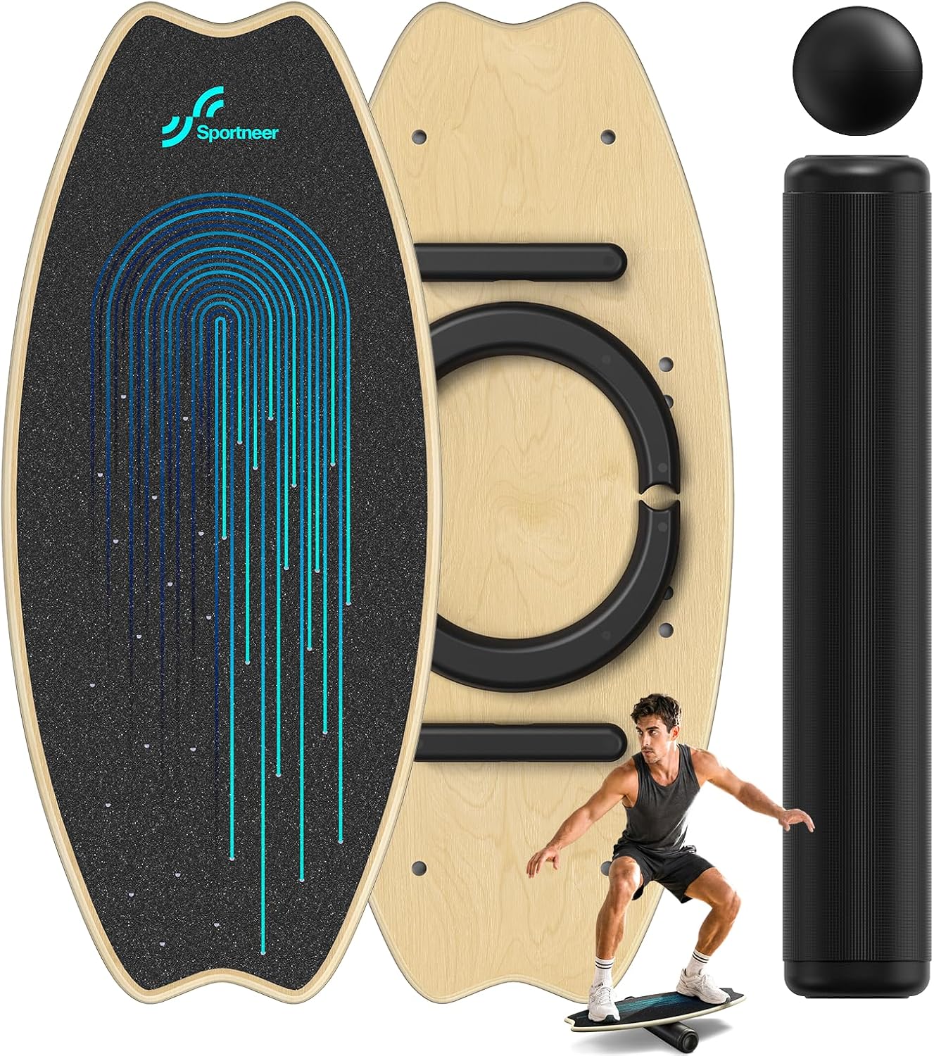 Balance Board - 7 Modes Wobble Board with Adjustable Stoppers - Exercise Balancing Stability Trainer for Improve Balance, Surf Trainer & Physical Therapy - Roller and 2.8'' Ball Included