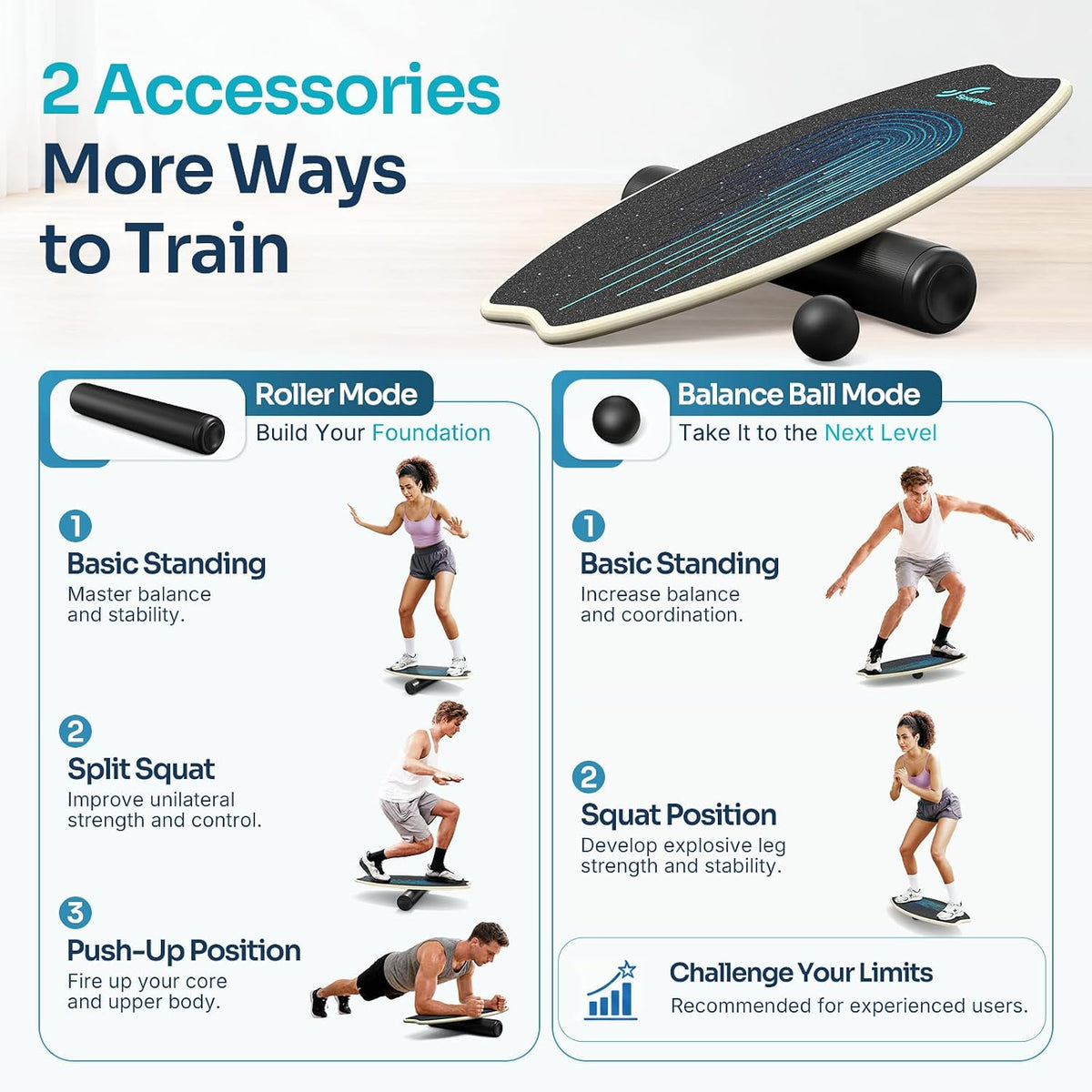 Balance Board - 7 Modes Wobble Board with Adjustable Stoppers - Exercise Balancing Stability Trainer for Improve Balance, Surf Trainer & Physical Therapy - Roller and 2.8'' Ball Included