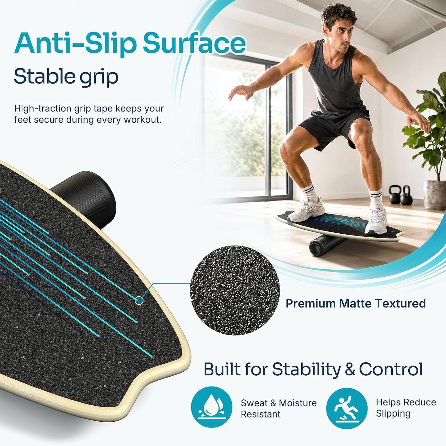 Balance Board - 7 Modes Wobble Board with Adjustable Stoppers - Exercise Balancing Stability Trainer for Improve Balance, Surf Trainer & Physical Therapy - Roller and 2.8'' Ball Included