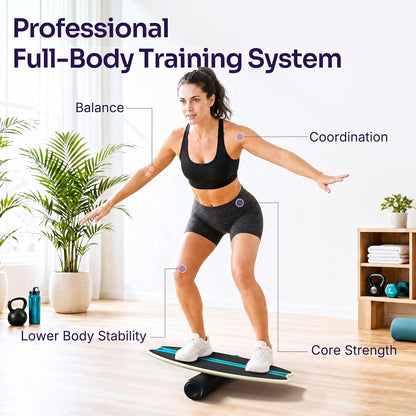 Balance Board - 7 Modes Wobble Board with Adjustable Stoppers - Exercise Balancing Stability Trainer for Improve Balance, Surf Trainer & Physical Therapy - Roller and 2.8'' Ball Included