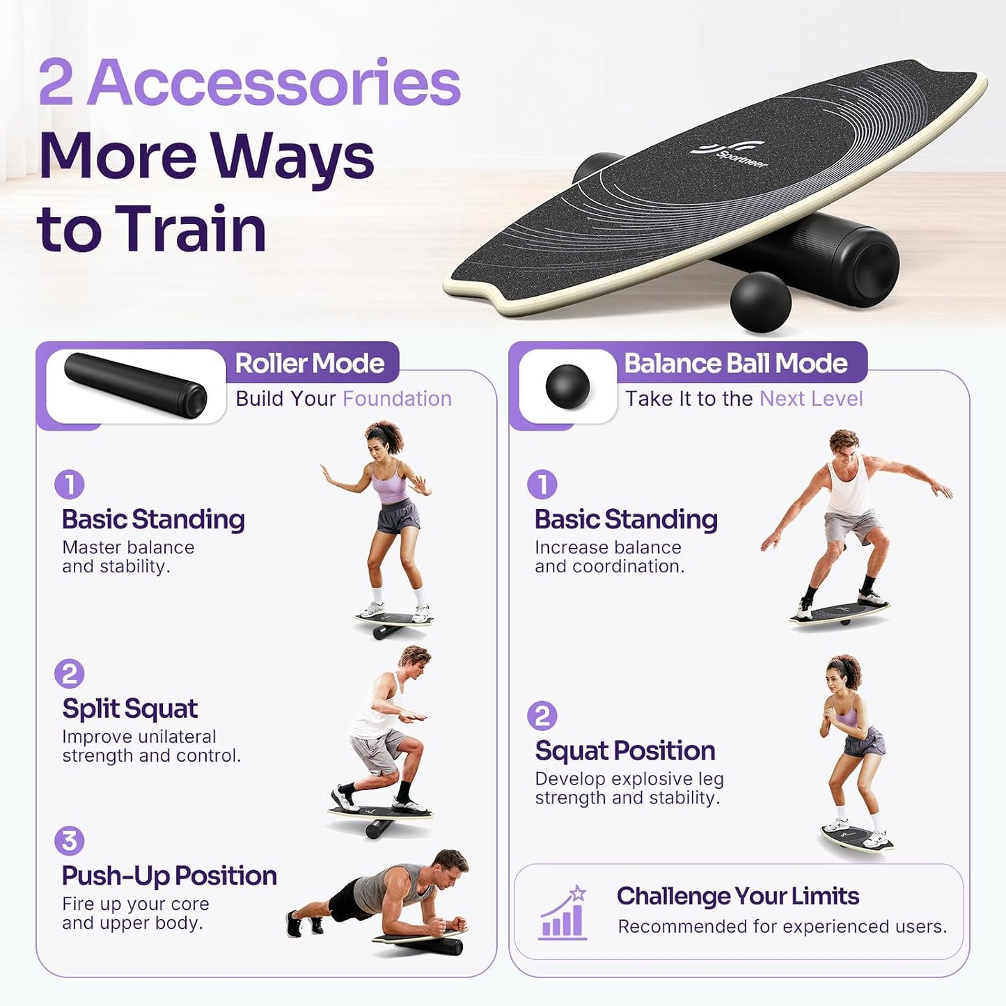 Balance Board - 7 Modes Wobble Board with Adjustable Stoppers - Exercise Balancing Stability Trainer for Improve Balance, Surf Trainer & Physical Therapy - Roller and 2.8'' Ball Included