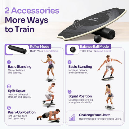 Balance Board - 7 Modes Wobble Board with Adjustable Stoppers - Exercise Balancing Stability Trainer for Improve Balance, Surf Trainer & Physical Therapy - Roller and 2.8'' Ball Included